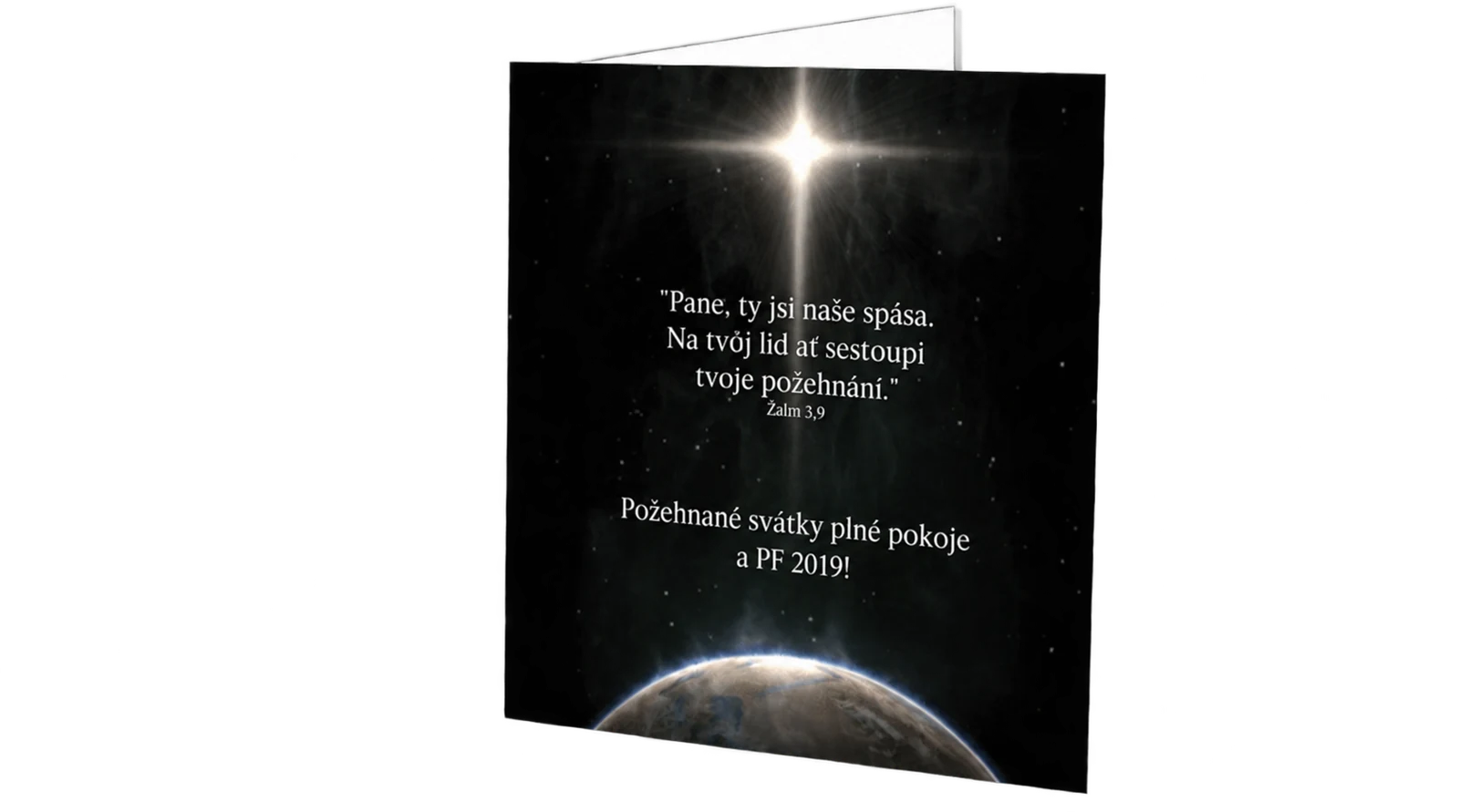 Vánoční přání černé s betlémskou hvězdou a citátem – přední strana s českým vánočním přáním